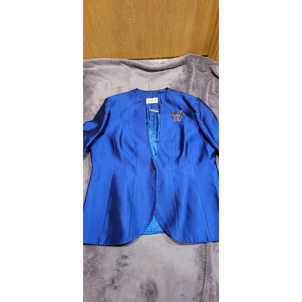 Lily & Taylor Silk Wool Blazer Womens L Blue Open Front Formal Jacket Vintage